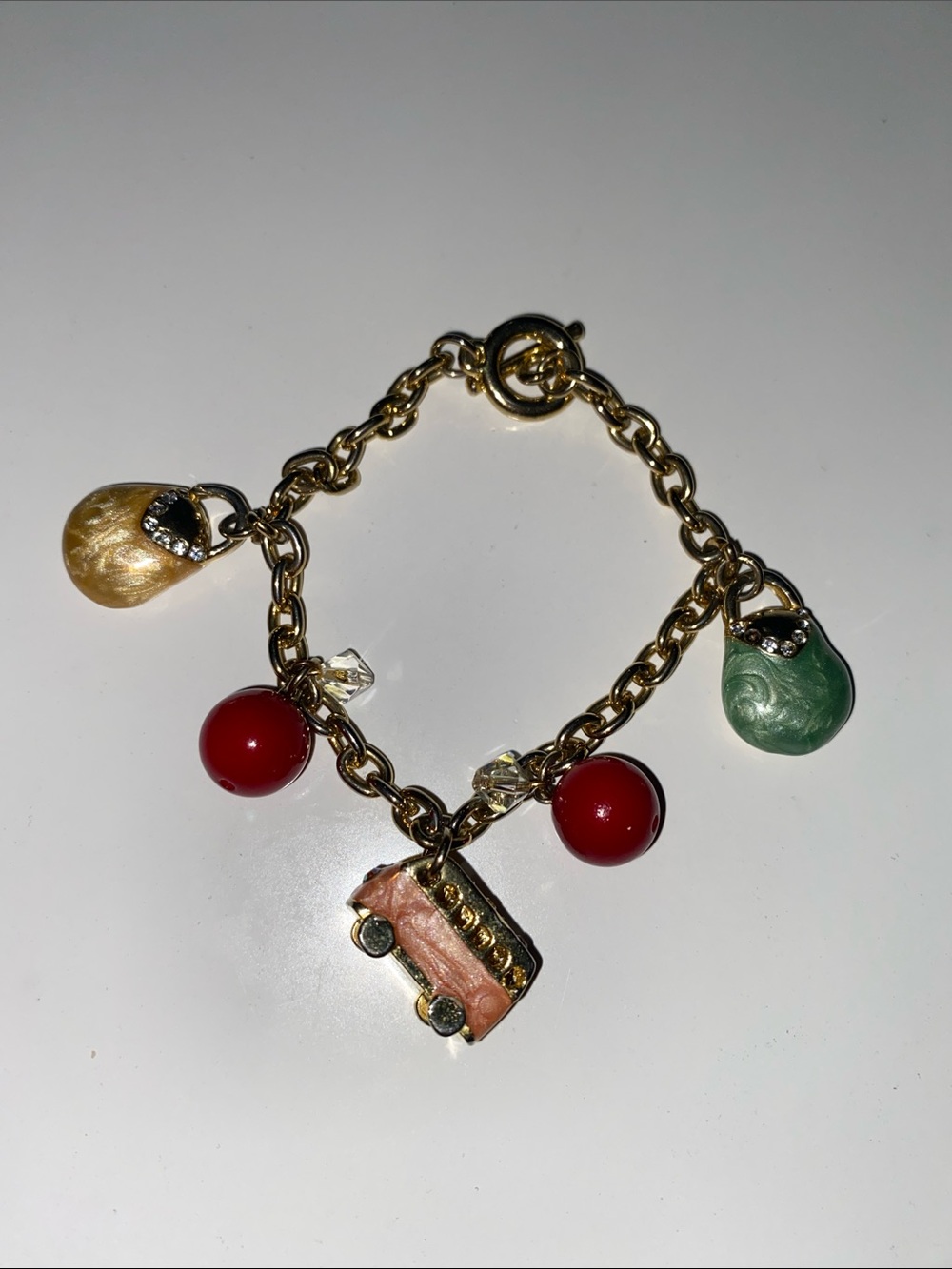 Gold-Tone Charm Bracelet with Red Beads and Multicolor Teardrop Charms